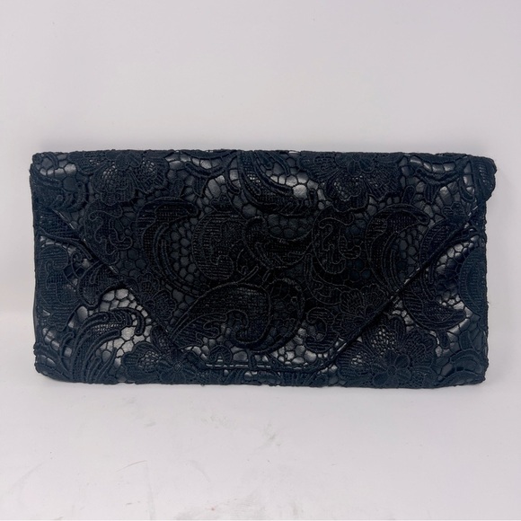 Jessica Simpson Lace Detail Large Black Leather Clutch With Magnetic Closure - Picture 1 of 8